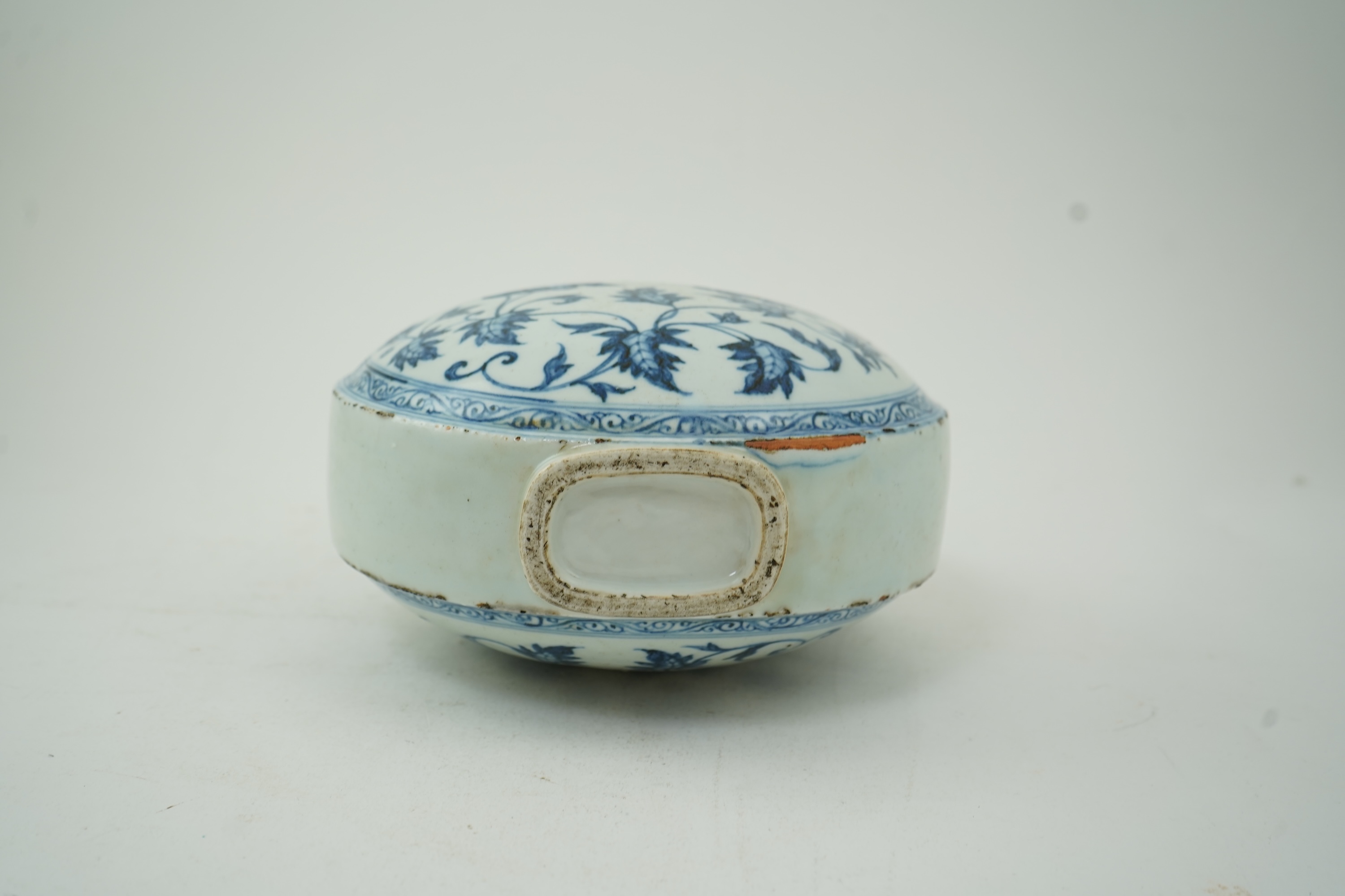 A Chinese blue and white moon flask, bianhu, in Ming style